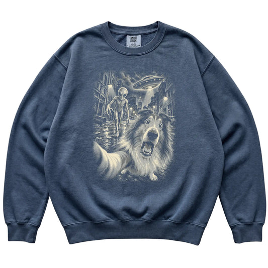 Collie Alien Selfie Comfort Colors Sweatshirt in Denim, flat view