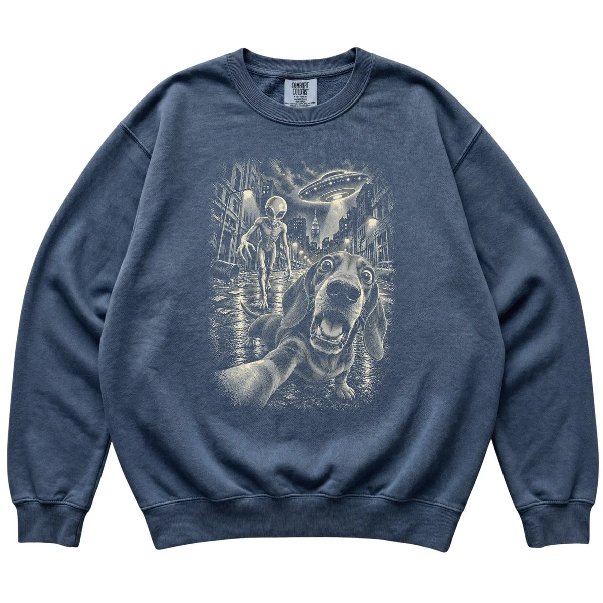 Dachshund Alien Selfie Comfort Colors Sweatshirt in Denim, flat view