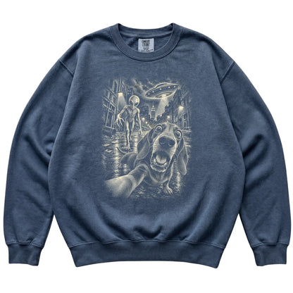 Dachshund Alien Selfie Comfort Colors Sweatshirt in Denim, flat view