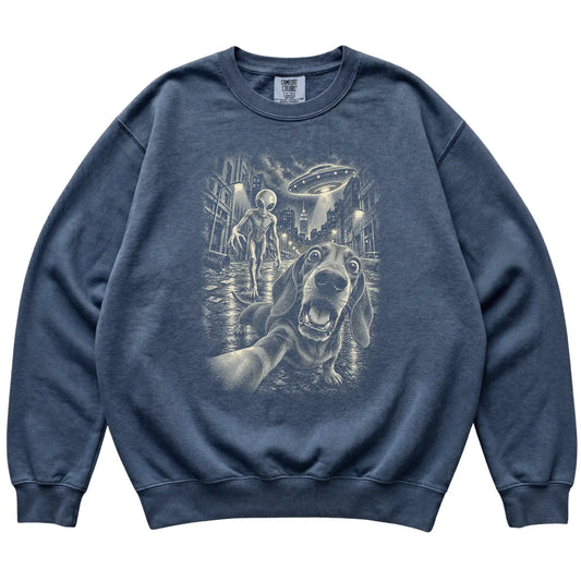 Dachshund Alien Selfie Comfort Colors Sweatshirt in Denim, flat view