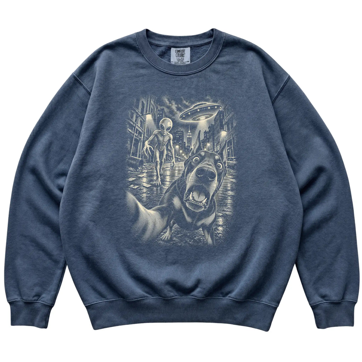 Doberman Alien Selfie Comfort Colors Sweatshirt in Denim, flat view