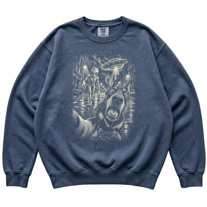 Doberman Alien Selfie Comfort Colors Sweatshirt in Denim, flat view