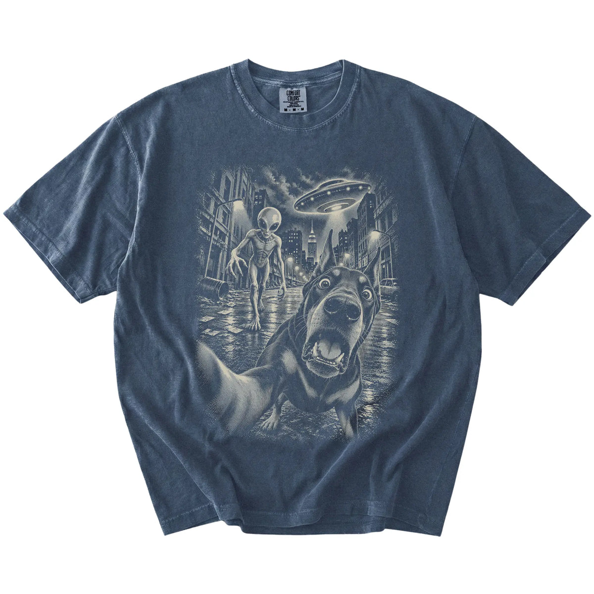 Doberman Alien Selfie Comfort Colors T-Shirt in Denim, flat view