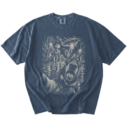 Doberman Alien Selfie Comfort Colors T-Shirt in Denim, flat view