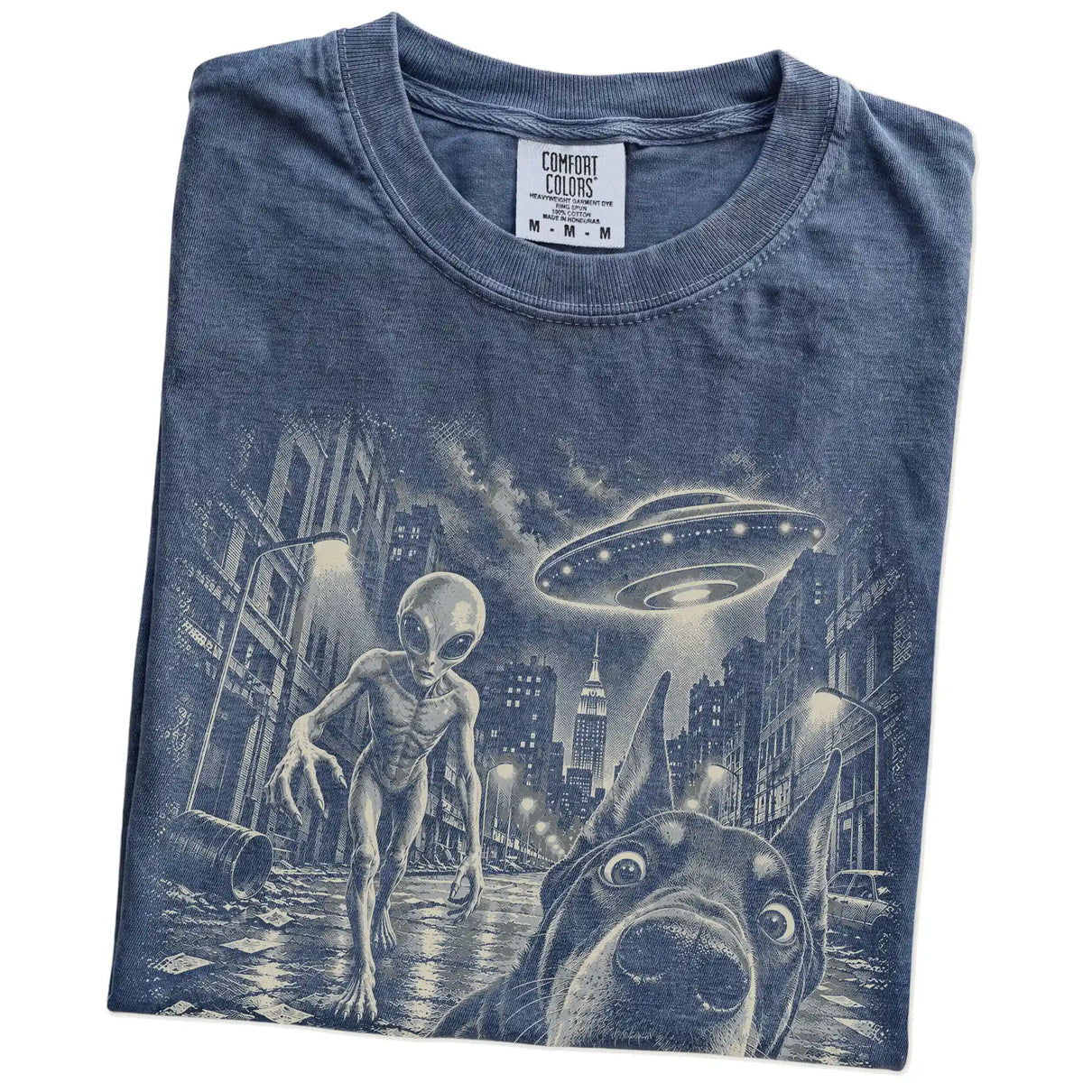 Doberman Alien Selfie Comfort Colors T-Shirt in Denim, folded view