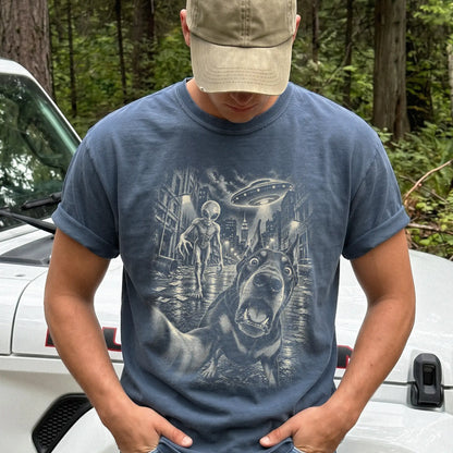 Doberman Alien Selfie Comfort Colors T-Shirt in Denim, modeled view