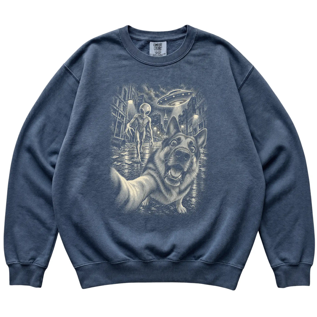 German Shepherd Alien Selfie Comfort Colors Sweatshirt in Denim, flat view