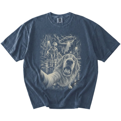 Golden Retriever Alien Selfie Comfort Colors T-Shirt in Denim, flat view