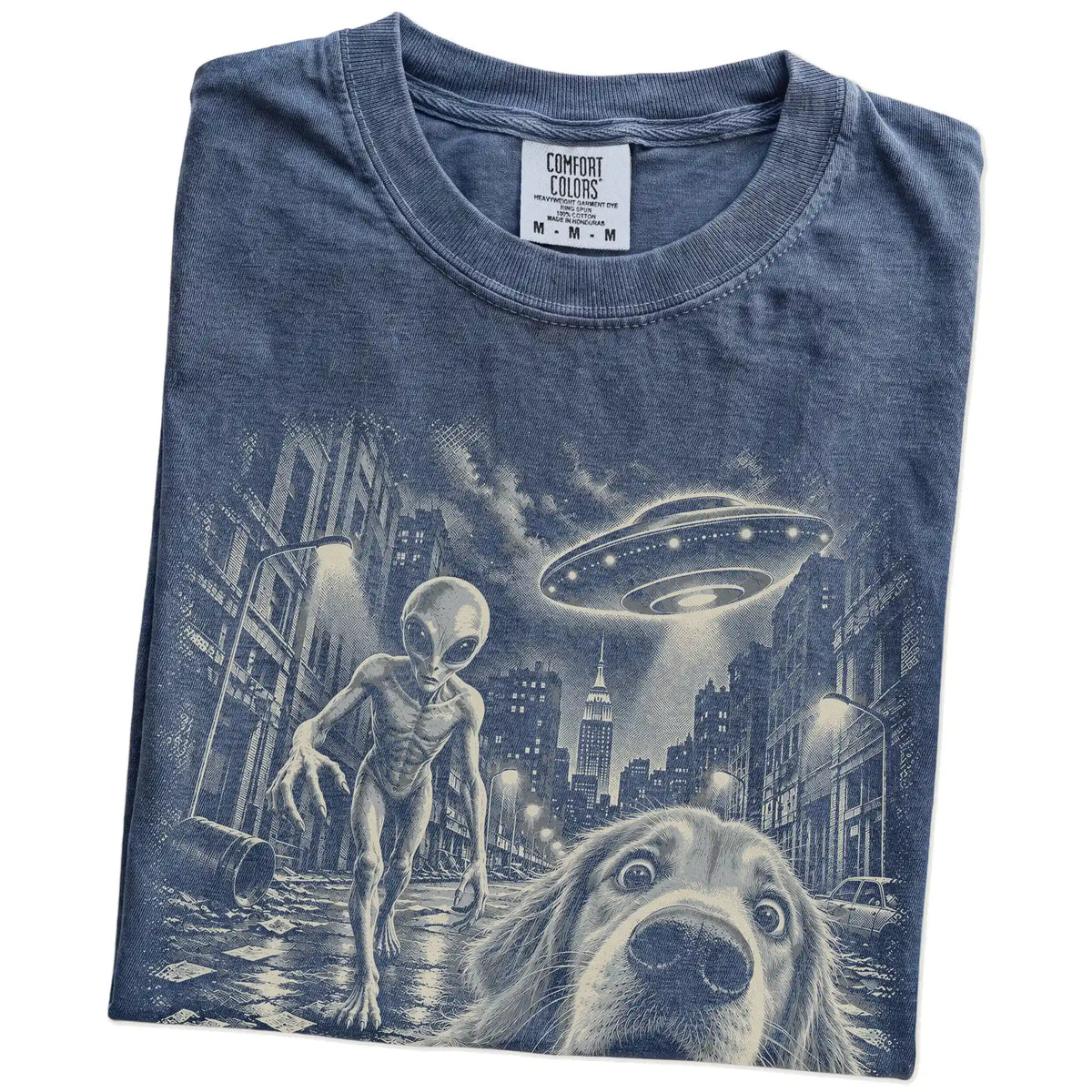 Golden Retriever Alien Selfie Comfort Colors T-Shirt in Denim, folded view