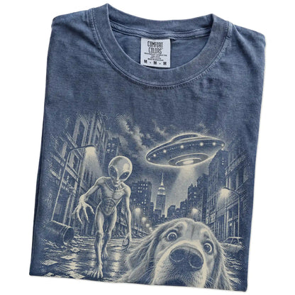Golden Retriever Alien Selfie Comfort Colors T-Shirt in Denim, folded view