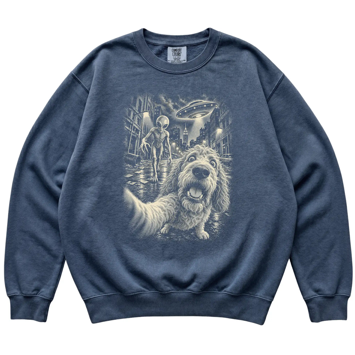 Goldendoodle Alien Selfie Comfort Colors Sweatshirt in Denim, flat view