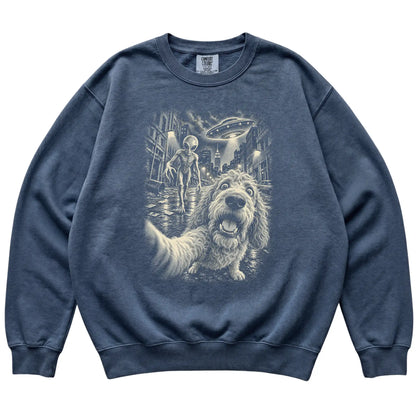 Goldendoodle Alien Selfie Comfort Colors Sweatshirt in Denim, flat view