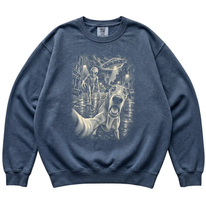 Greyhound Alien Selfie Comfort Colors Sweatshirt in Denim, flat view