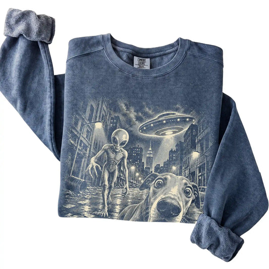 Greyhound Alien Selfie Comfort Colors Sweatshirt in Denim, folded view