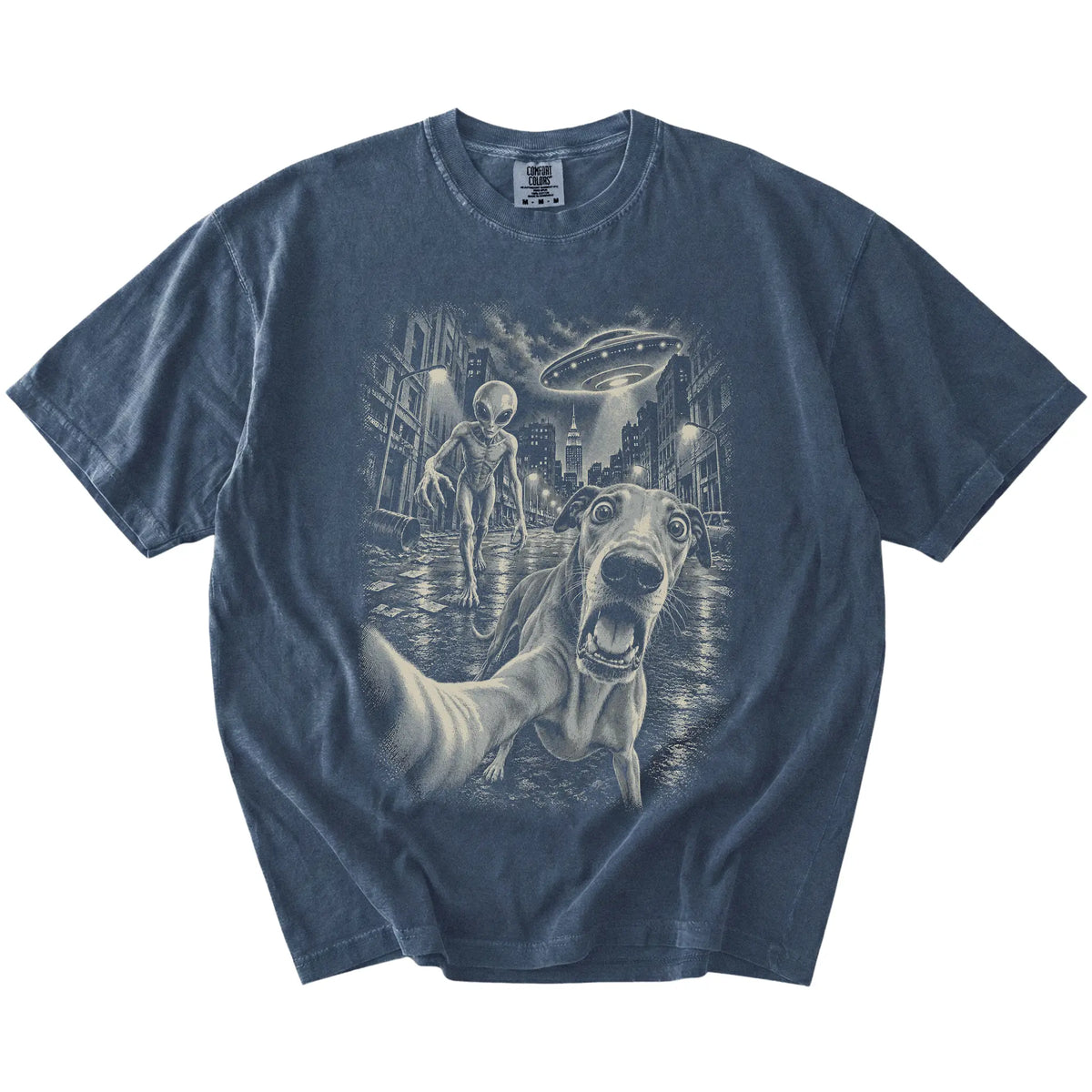 Greyhound Alien Selfie Comfort Colors T-Shirt in Denim, flat view