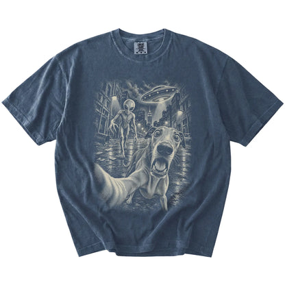 Greyhound Alien Selfie Comfort Colors T-Shirt in Denim, flat view