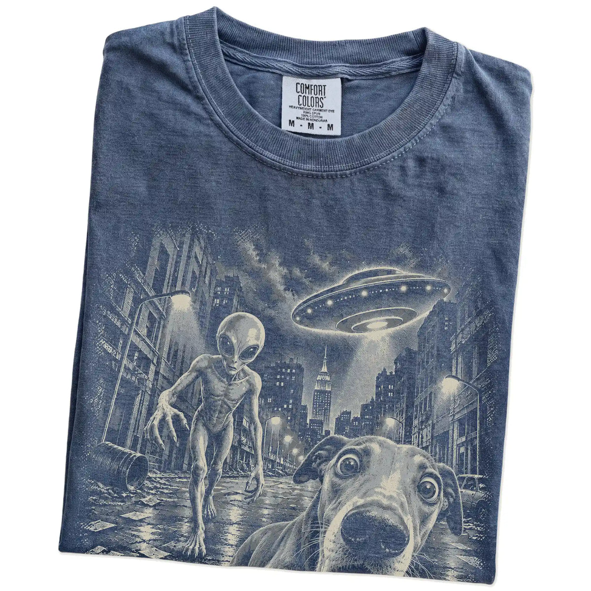 Greyhound Alien Selfie Comfort Colors T-Shirt in Denim, folded view