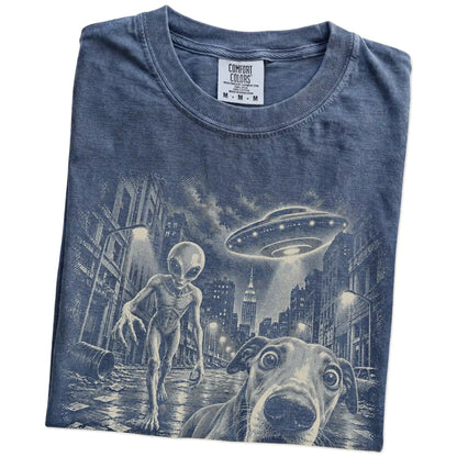 Greyhound Alien Selfie Comfort Colors T-Shirt in Denim, folded view