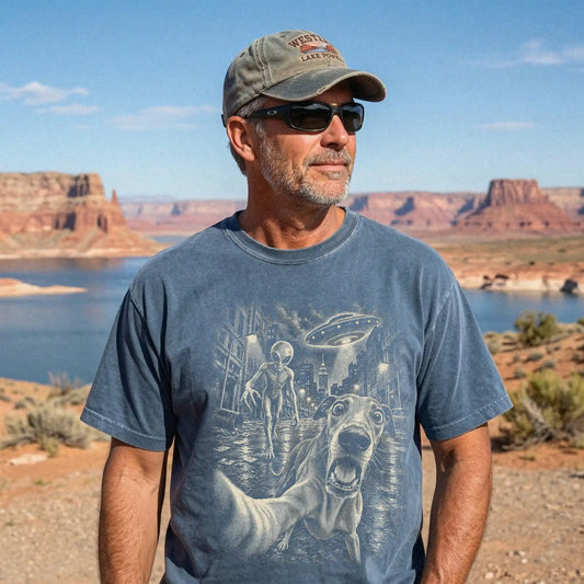 Greyhound Alien Selfie Comfort Colors T-Shirt in Denim, modeled view