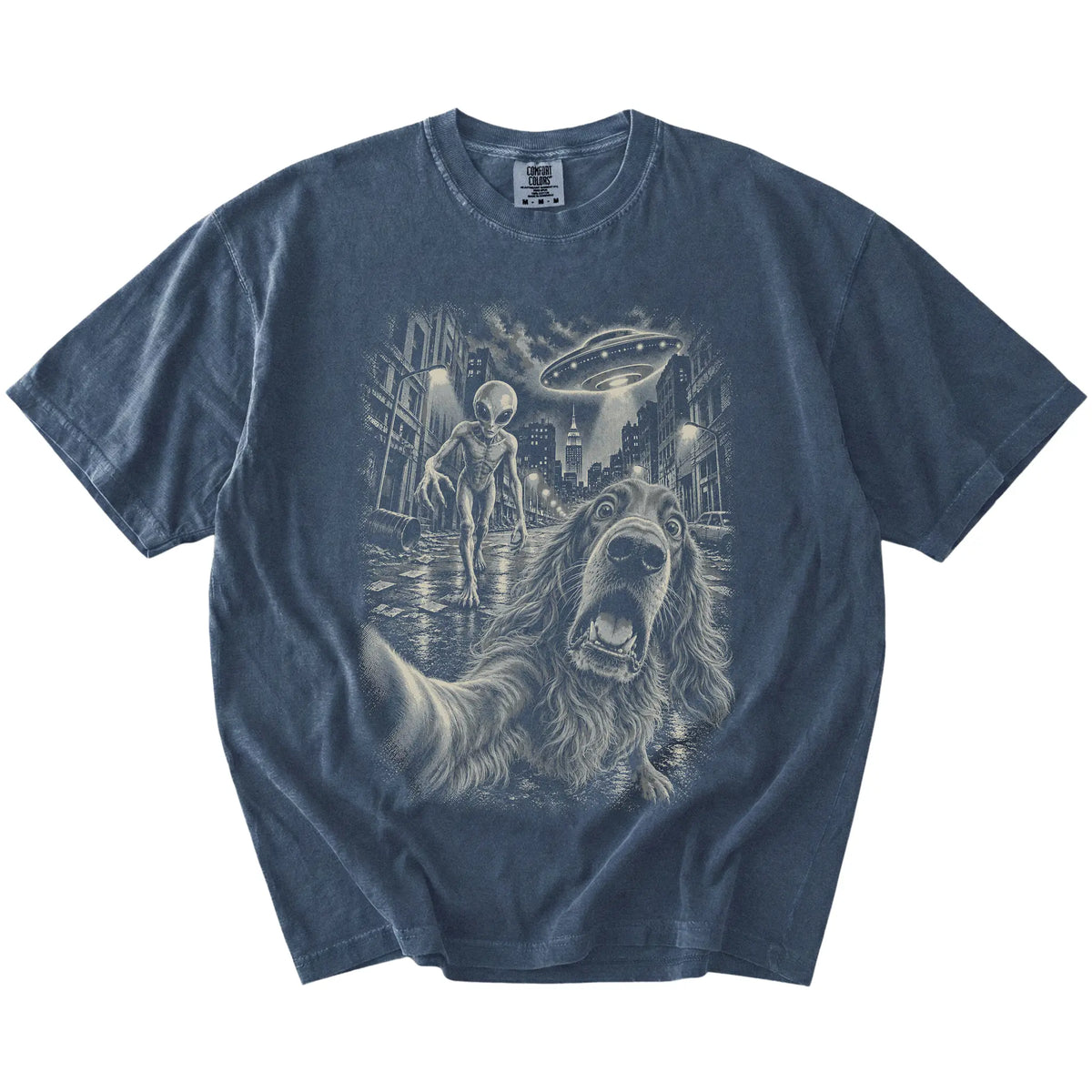 Irish Setter Alien Selfie Comfort Colors T-Shirt in Denim, flat view