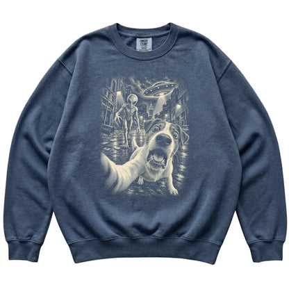 Jack Russell Alien Selfie Comfort Colors Sweatshirt in Denim, flat view