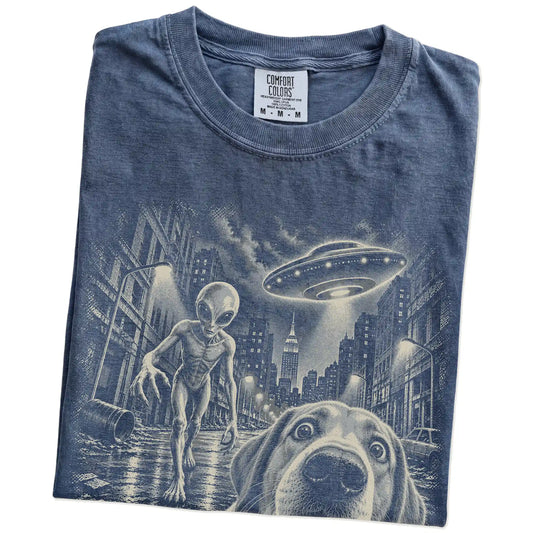Labrador Retriever Alien Selfie Comfort Colors T-Shirt in Denim, folded view