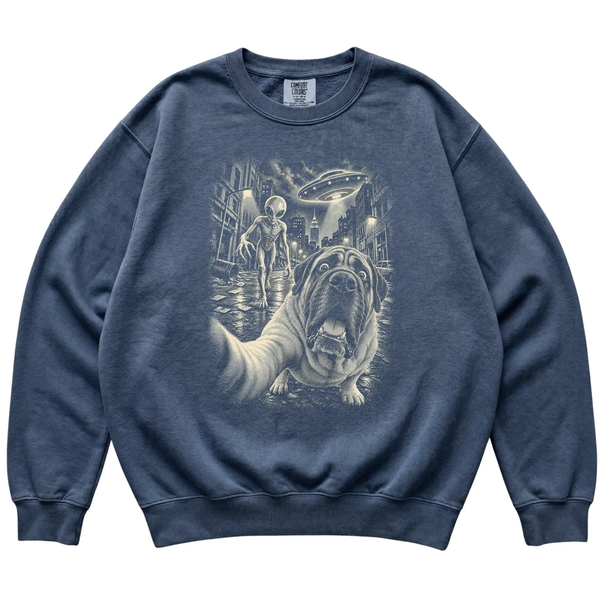Mastiff Alien Selfie Comfort Colors Sweatshirt in Denim, flat view