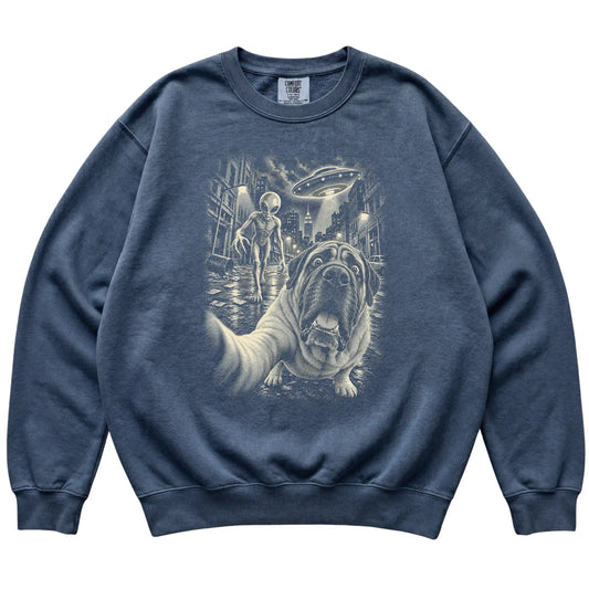 Mastiff Alien Selfie Comfort Colors Sweatshirt in Denim, flat view