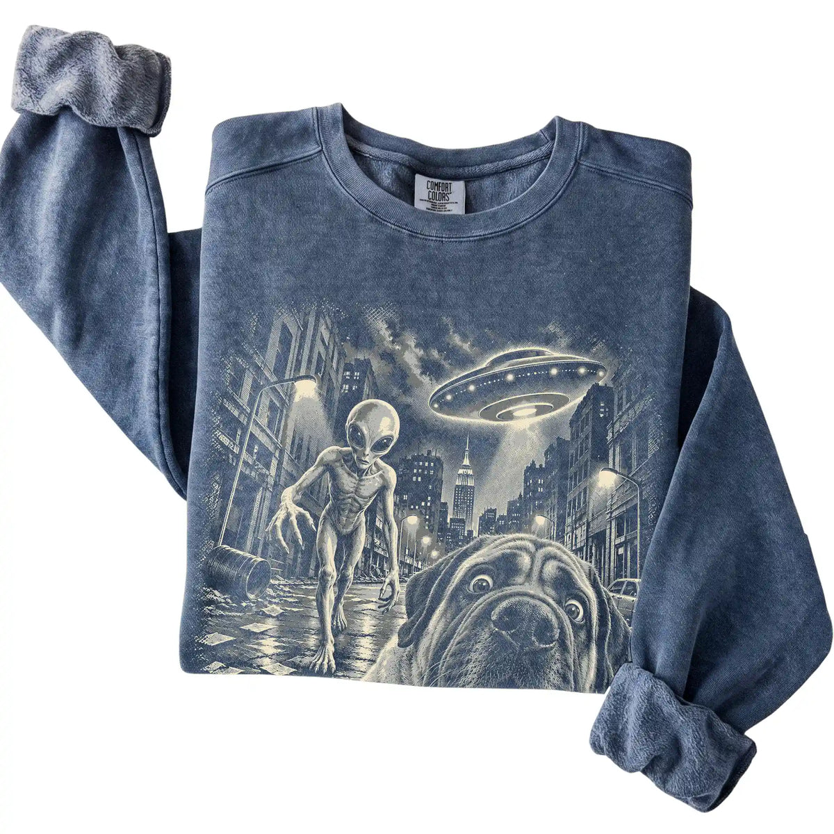 Mastiff Alien Selfie Comfort Colors Sweatshirt in Denim, folded view