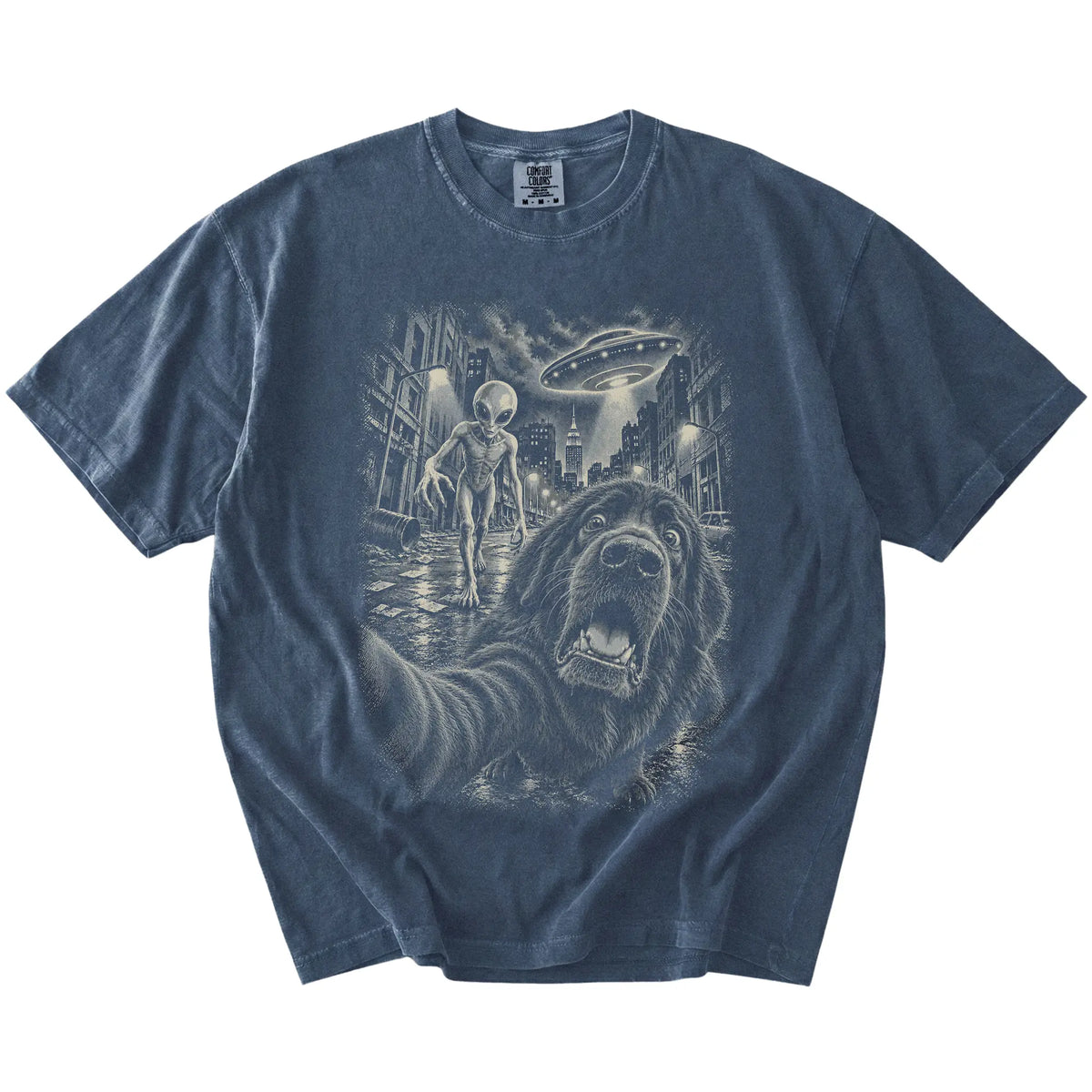 Newfie Alien Selfie Comfort Colors T-Shirt in Denim, flat view