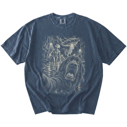 Newfie Alien Selfie Comfort Colors T-Shirt in Denim, flat view