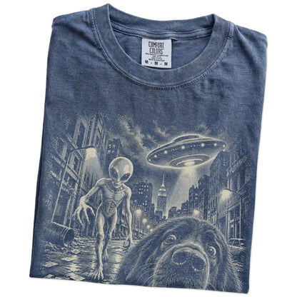Newfie Alien Selfie Comfort Colors T-Shirt in Denim, folded view