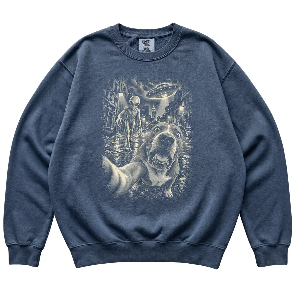 Pitbull Alien Selfie Comfort Colors Sweatshirt in Denim, flat view