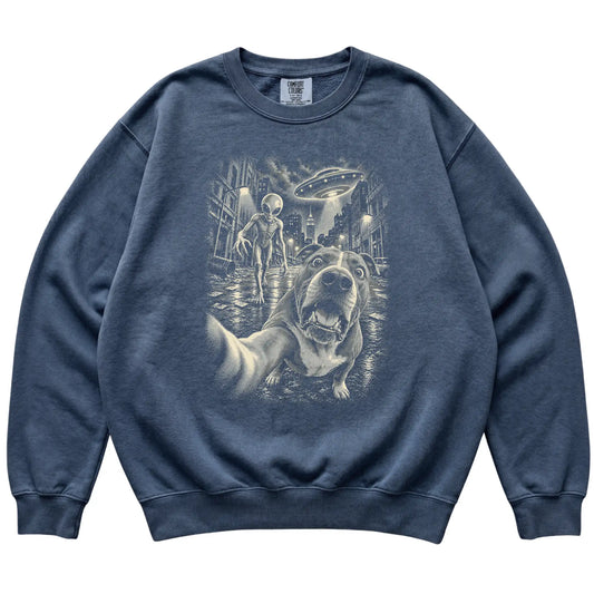 Pitbull Alien Selfie Comfort Colors Sweatshirt in Denim, flat view