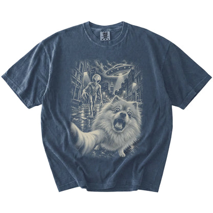 Pomeranian Alien Selfie Comfort Colors T-Shirt in Denim, flat view