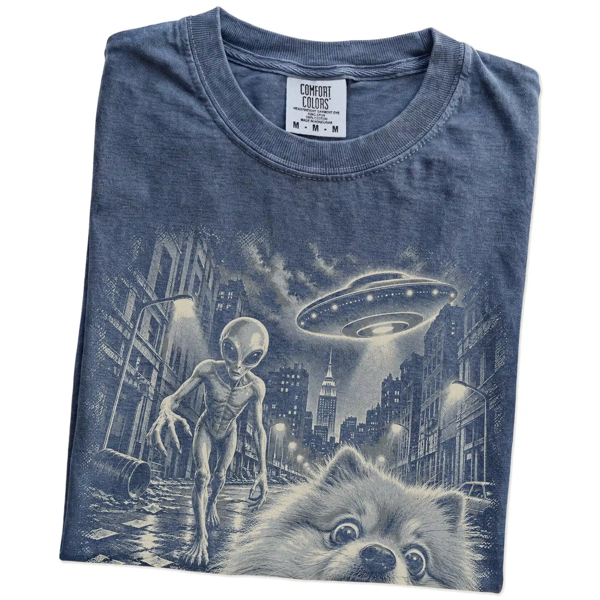 Pomeranian Alien Selfie Comfort Colors T-Shirt in Denim, folded view