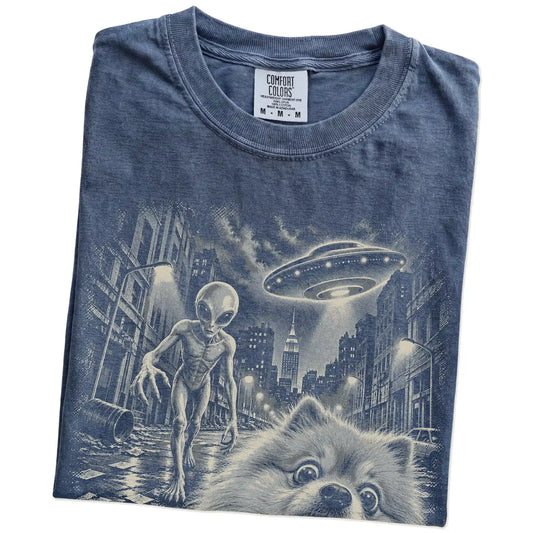 Pomeranian Alien Selfie Comfort Colors T-Shirt in Denim, folded view