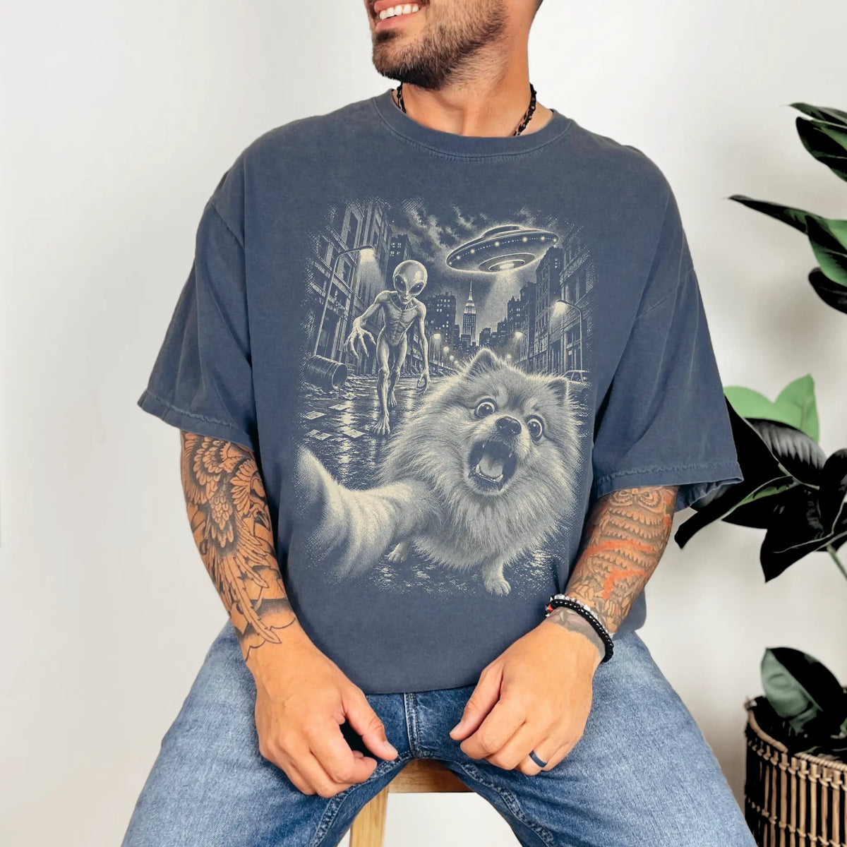 Pomeranian Alien Selfie Comfort Colors T-Shirt in Denim, modeled view