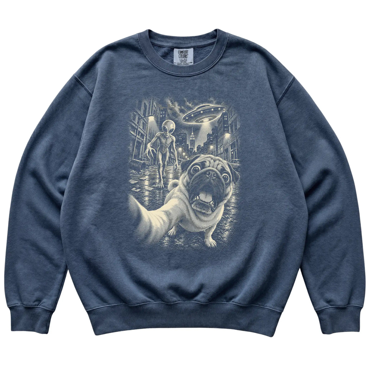 Pug Alien Selfie Comfort Colors Sweatshirt in Denim, flat view