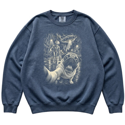 Pug Alien Selfie Comfort Colors Sweatshirt in Denim, flat view