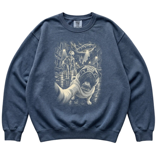 Pug Alien Selfie Comfort Colors Sweatshirt in Denim, flat view