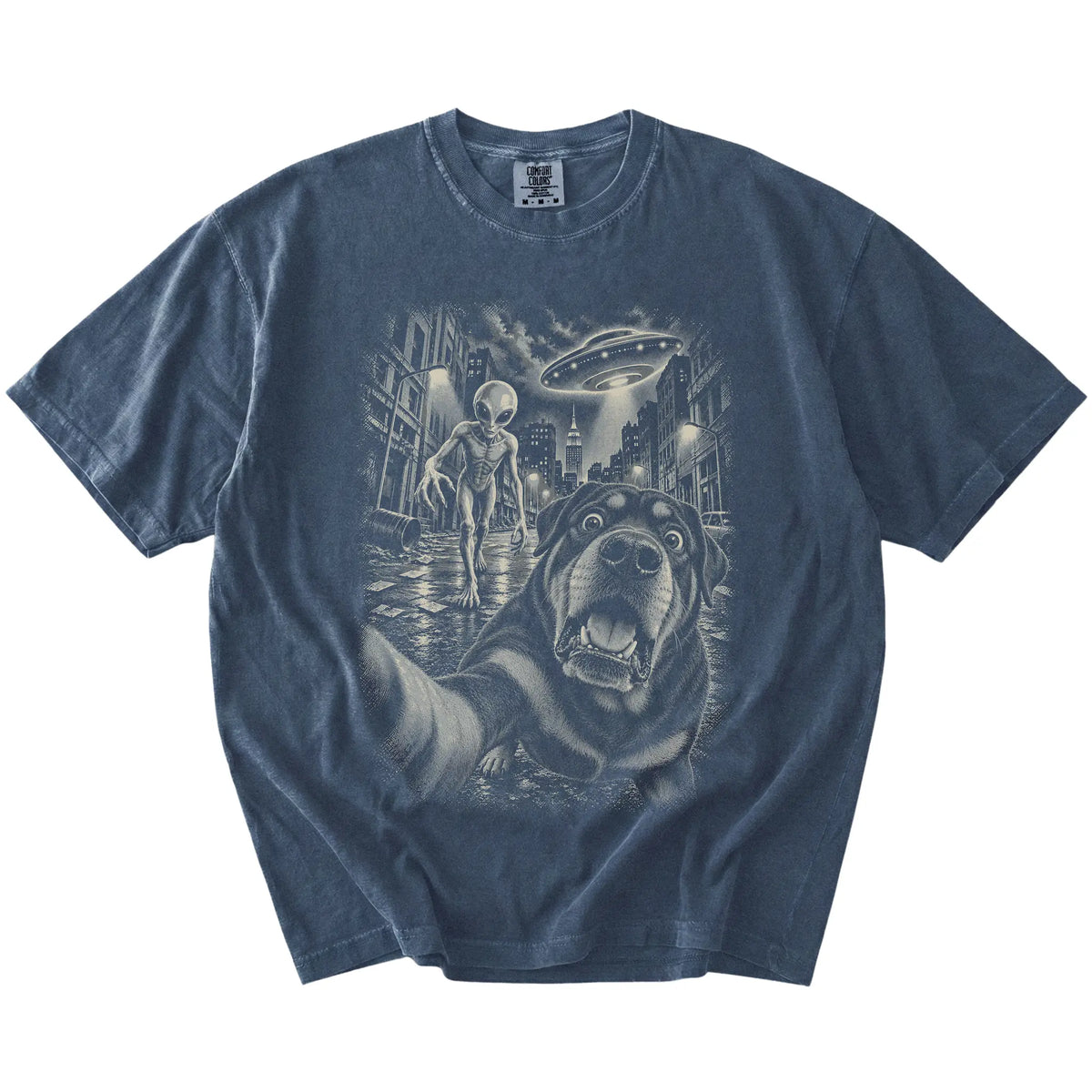 Rottweiler Alien Selfie Comfort Colors T-Shirt in Denim, flat view