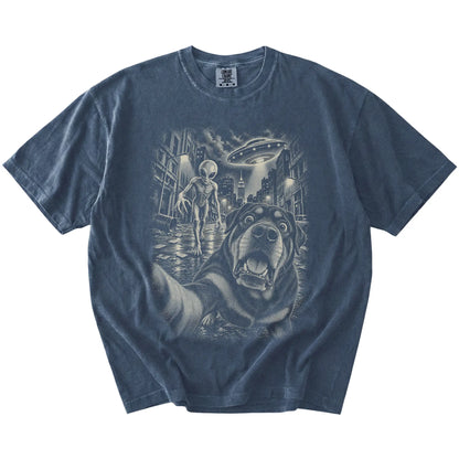 Rottweiler Alien Selfie Comfort Colors T-Shirt in Denim, flat view