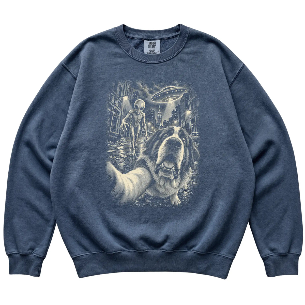 Saint Bernard Alien Selfie Comfort Colors Sweatshirt in Denim, flat view