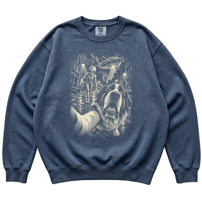 Saint Bernard Alien Selfie Comfort Colors Sweatshirt in Denim, flat view