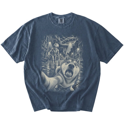Shiba Inu Alien Selfie Comfort Colors T-Shirt in Denim, flat view