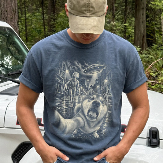 Shiba Inu Alien Selfie Comfort Colors T-Shirt in Denim, modeled view