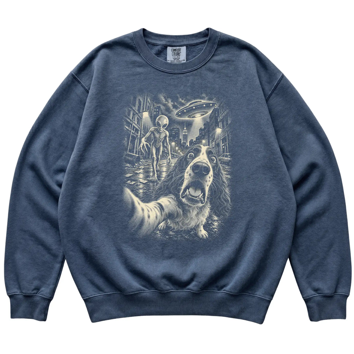 Springer Spaniel Alien Selfie Comfort Colors Sweatshirt in Denim, flat view