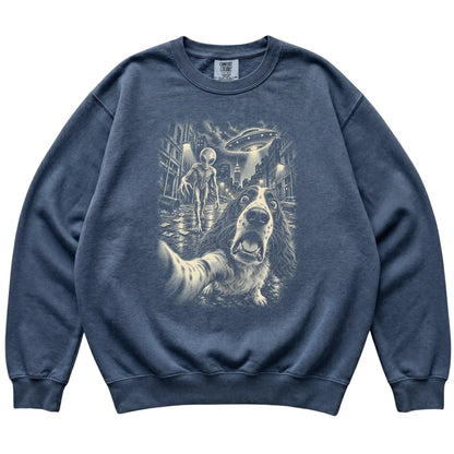 Springer Spaniel Alien Selfie Comfort Colors Sweatshirt in Denim, flat view