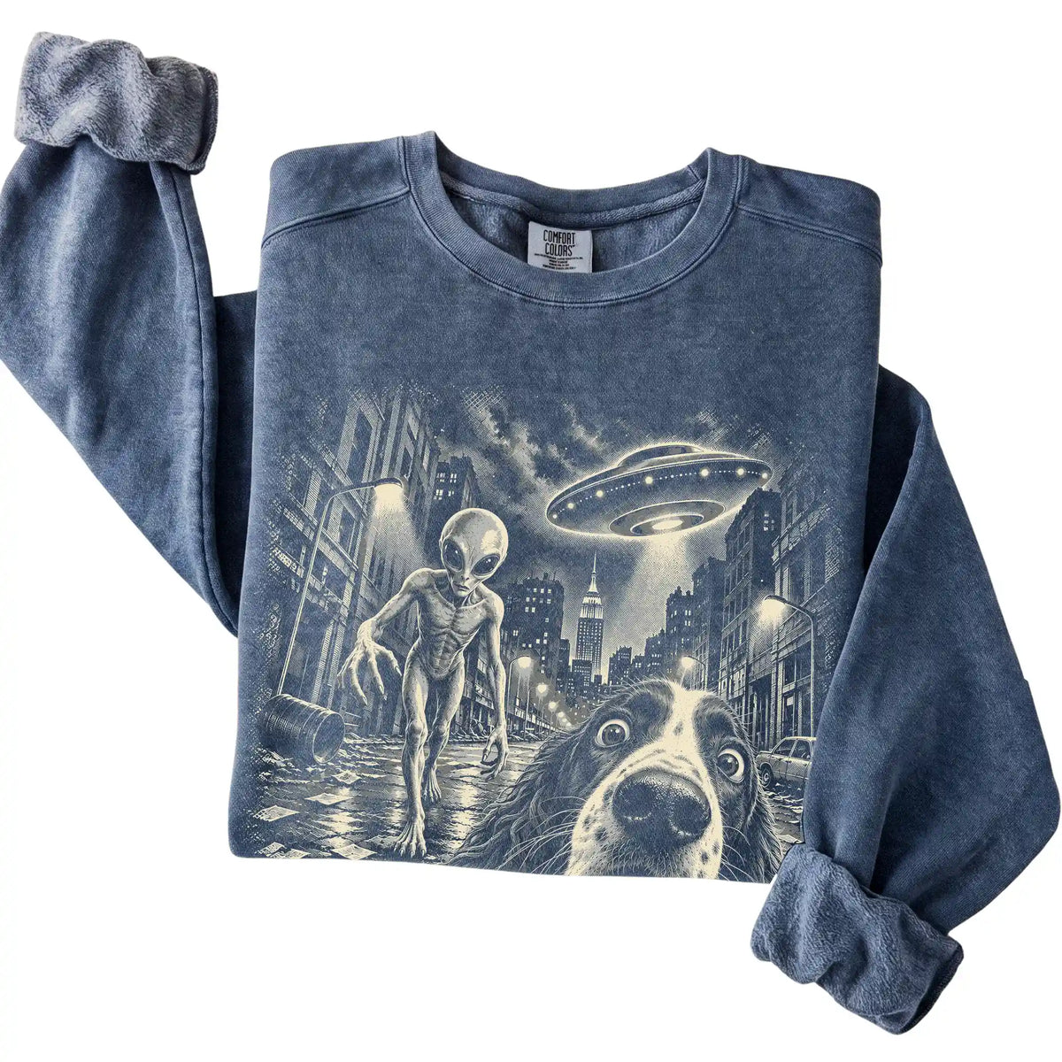 Springer Spaniel Alien Selfie Comfort Colors Sweatshirt in Denim, folded view